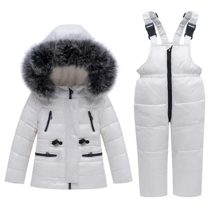 

-30 Winter Snowsuit Children Clothing Set Baby Boy White Duck Down Waterproof Jacket for Girl Kids Coat + Bib Pants Enfant Parka