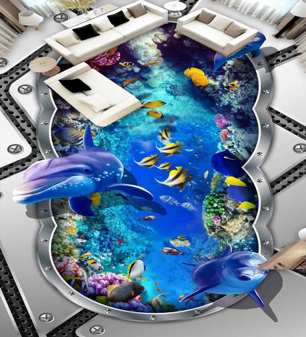 

Free Shipping 3D Underwater world dolphin metal drawing floor painting office kitchen living room floor wallpaper mural
