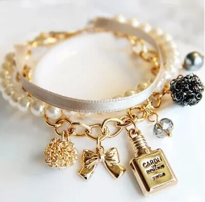 

New girl perfume bottle decorative bracelet pearl ribbon bow crystal bracelet wholesale