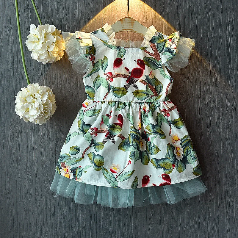 

2019 Fashion baby girls printed green leaf bird dress high-quality children's outwear summer lovely princess dress 19J411