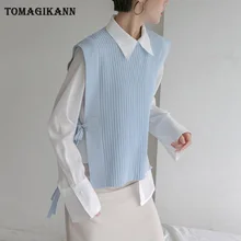 Весенне-осенний шерстяной свитер, жилет, Женский вязаный жилет без рукавов с круглым вырезом, Женские повседневные топы на бретелях, пуловер, оверсайз для девочек