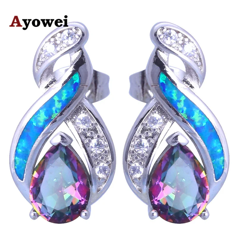 

Ayowei Happy party Mutil Color Zircon Blue Fire Opal silver stud Earrings Fashion Opal Jewelry for Lover OES673A
