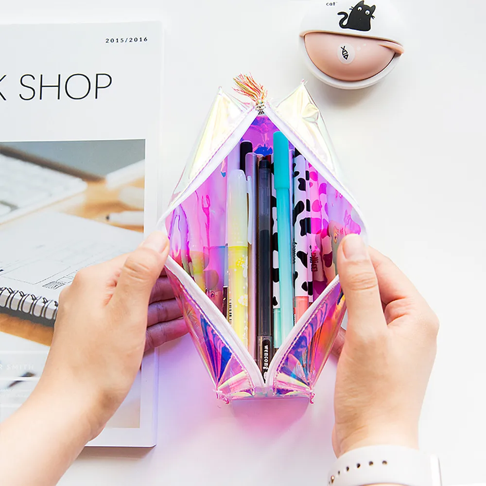 

Pencil Bag Case Laser PVC Cosmetic Makeup Pouch Pen Bags Transparent Students School Stationery Organizer Zipper Closure F317