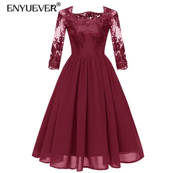 

Enyuever Lace Formal Dress Women Summer Sleeve Patchwork Chiffon Robe Vintage Embroidery Swing Elegant Short Evening Party Dress