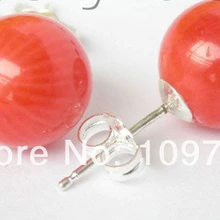 Ry00166 природа! 10 мм круглый розовый коралл Серьги 14KGP твердого стержня
