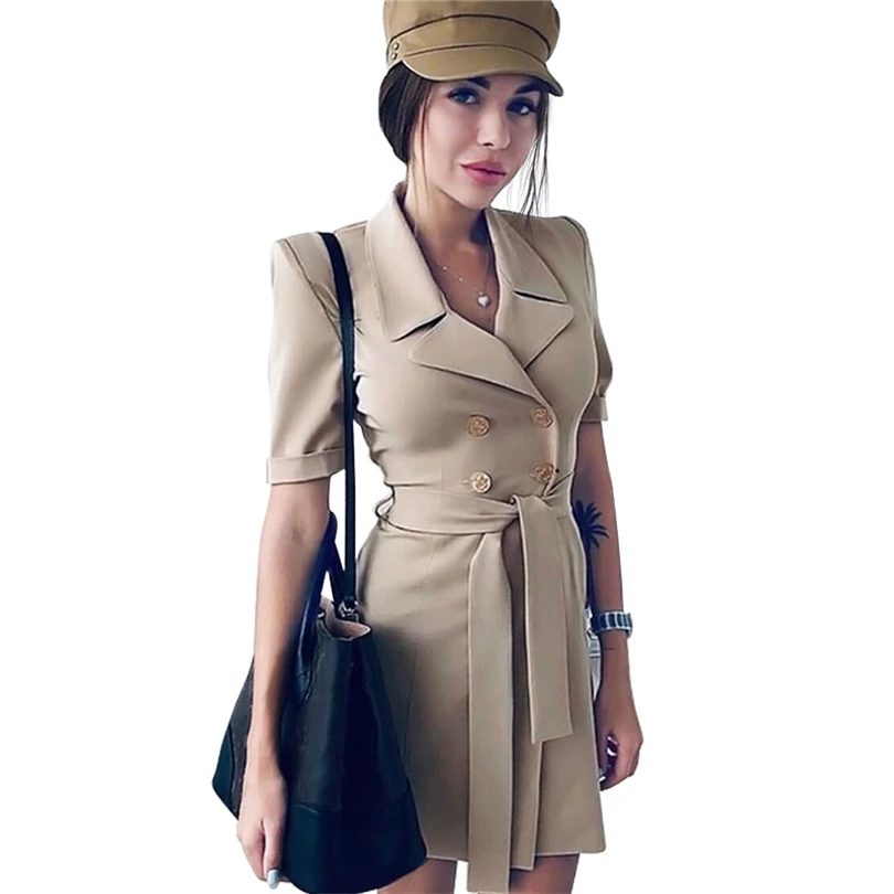 

MVGIRLRU Chic OL Style Double Breasted Blazer Dress Short Sleeve Lace Up Waisted A-Line Dress Female Lapel Dress Work Wear