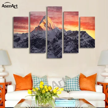 

5 Pieces Snow Mountain Landscape Painting Canvas Print Sunset Painting For Living Room Wall Art Home Decoration Unframed