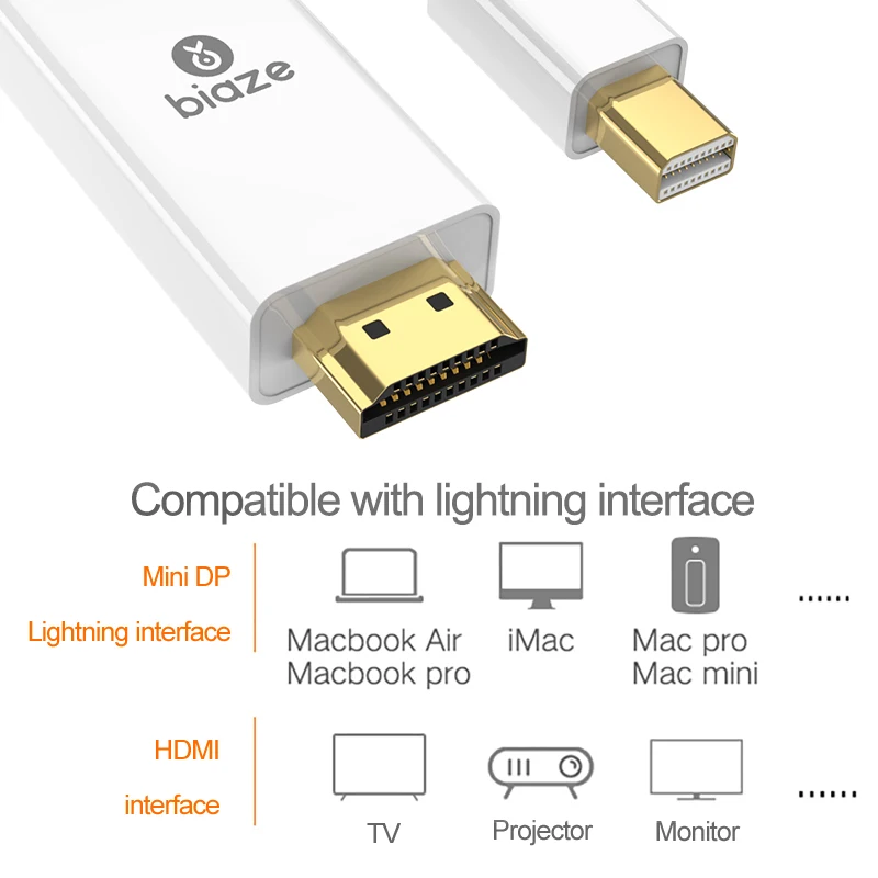 Biaze Mini DisplayPort HDMI адаптер DP кабель Thunderbolt конвертер для MacBook Air 13 Surface Pro 4 2k|Адаптеры 3|