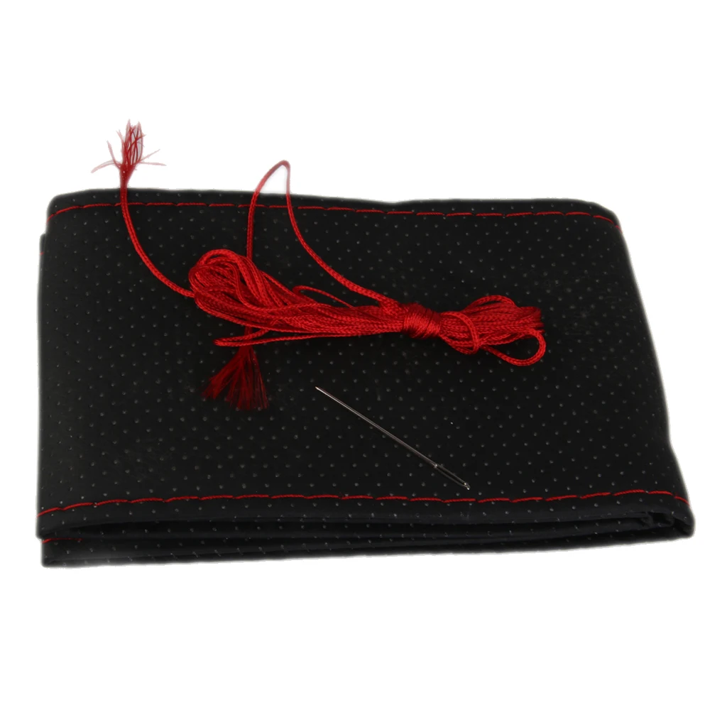 DIY PU LEATHER STEERING WHEEL COVER PROTECTOR WITH NEEDLES THREAD BLACK+RED
