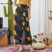 Moda jihan Лето Для женщин Обёрточная бумага юбки до колена с цветочным принтом, Ethnic широкие шифоновые с гофрированным воротником, женские юбки в стиле бохо, черный цвет, на шнурках, с вырезом на спине и Разделение