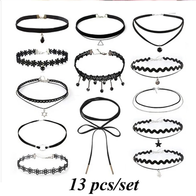Fashion 13pcs/set Choker Set Necklace Set Long Velvet Black Lace For Women Leather Cotton Dual Layers Jewelry Party Accessories