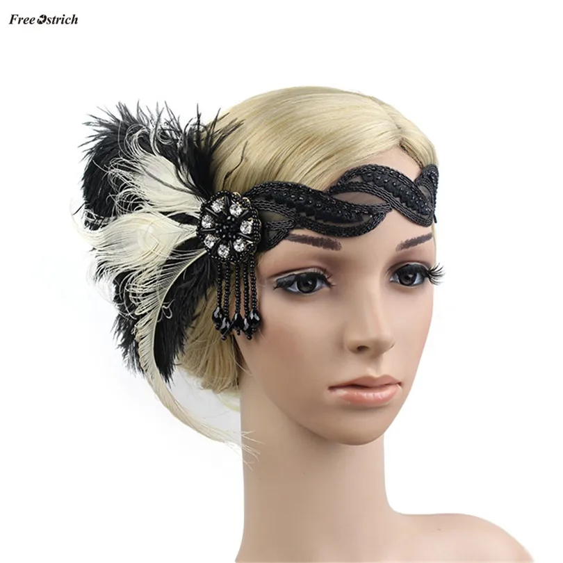 

Free Ostrich Peacock Feather Headpiece Women Headband Rhinestone Party Headdress 1920s Party Hair Accessories OC18