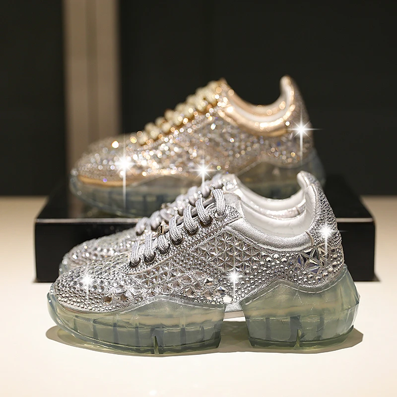 

2019 Spring Bling Bling Rhinestone Shoes Women Printed Light Weight Breathable Flats Sneakers PU Lace Up Walking Sport Shoes