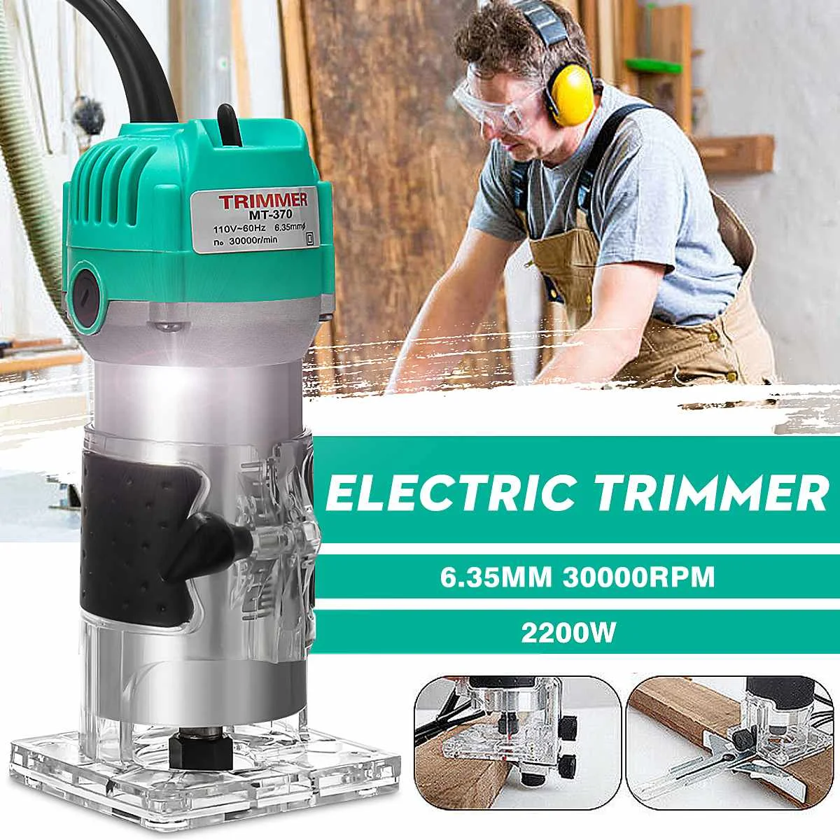 

30000RMP 2200W 1/4 Inch Corded Wood Laminate Router Electric Hand Trimmer Woodworking Power Tool With 60inch Cable
