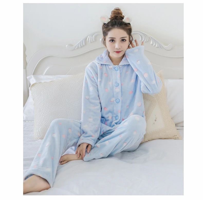 Queenral теплый Пижамный комплект для осень-зима пижамы костюм толстые теплые фланелевые Ночная Рубашка домашняя одежда длинные брюки