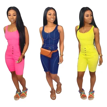 

European and American Fashion Slings Tank Top and Five-pants Straight Denim Jumpsuit Siamese Summer Three-color X-xl 2019 Waist