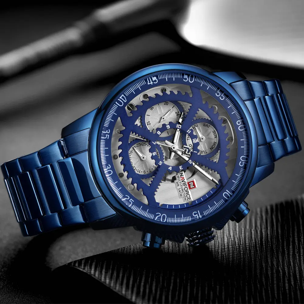 

NAVIFORCE Luxury Brand Men Blue Watch Waterproof Quartz Watches Chronograph Wristwatch Stainless Steel Strap Fashion Dress Clock