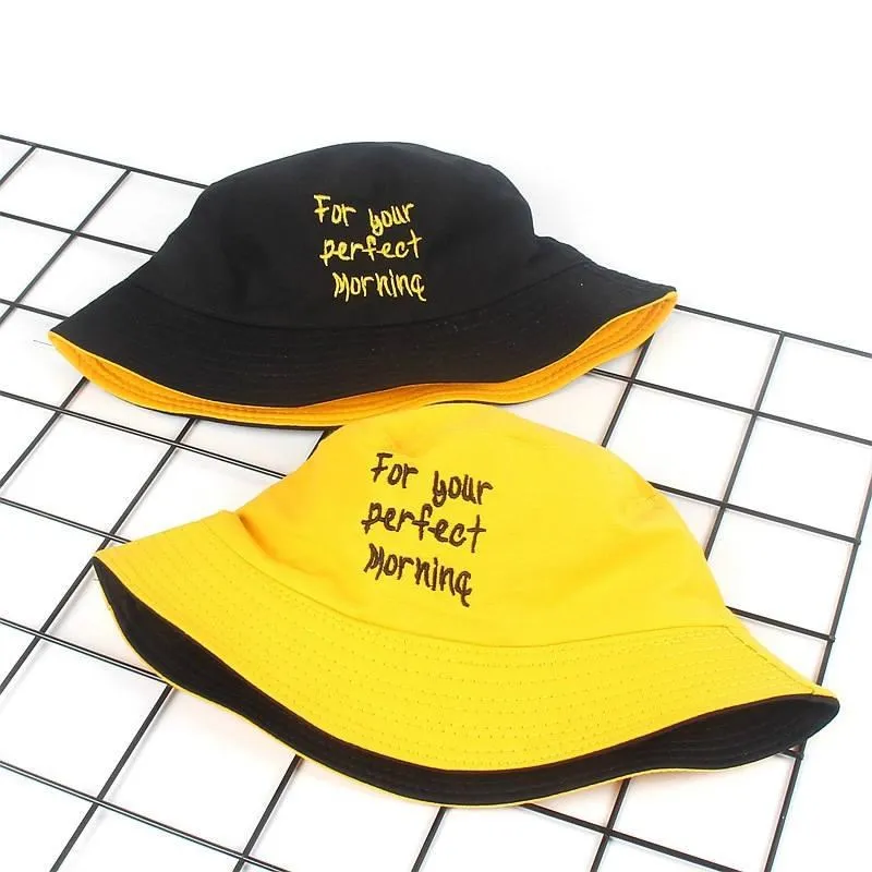 

Cotton Black yellow letter Two side Bucket Hat Fisherman Hat outdoor travel hat Foldable Sun Cap Hats for Men and Women 545