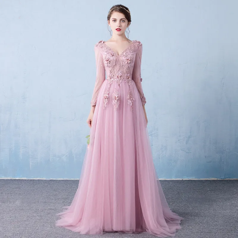 Evening Dress Long Sleeve 2019 A line Flowers V Neck Pink Lace Flowers Tulle Prom Dresses Lace Up Robe De Soiree Longue Dentelle