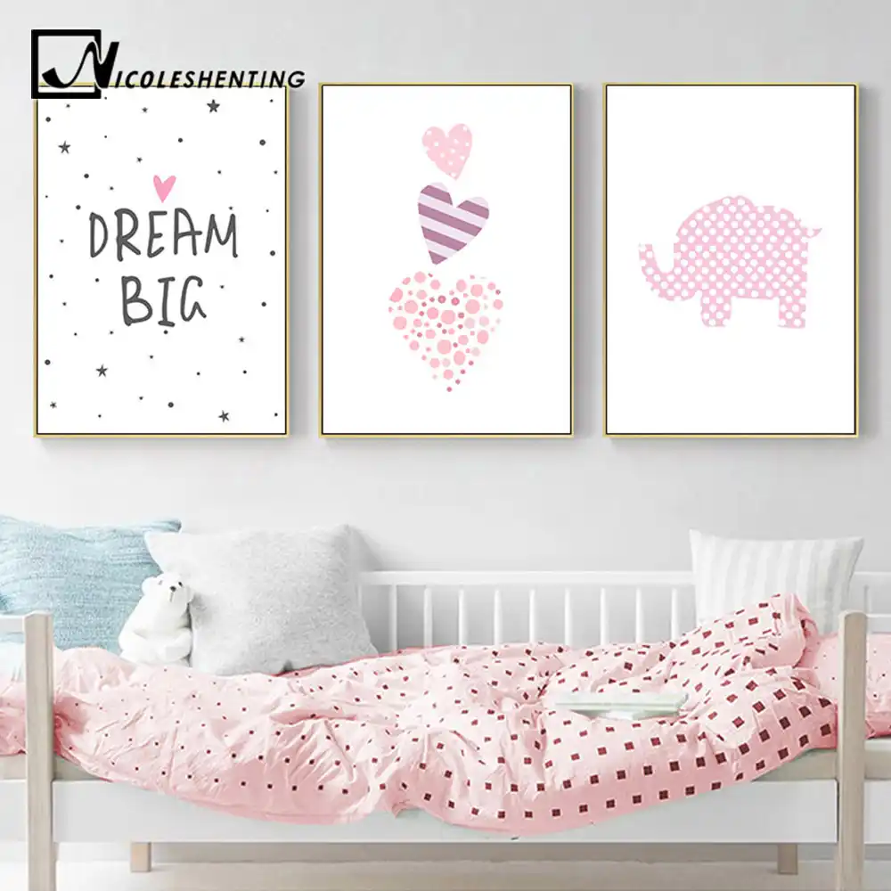 Pink Heart Elephant Canvas Painting Wall Art Cartoon Poster Nursery Prints Nordic Kids Decoration Pictures Baby Bedroom Decor