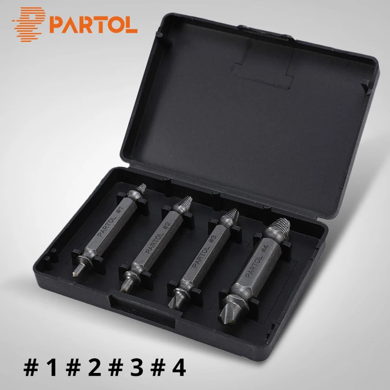 

Partol 4pcs High Carbon Steel Damaged Screw Extractor Remover Broken Stud Spanner Drill Bits Guide Set Bolt Stud Tool 1 2# 3# 4#