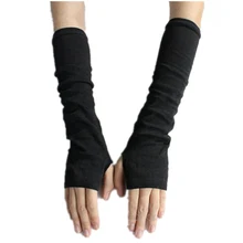 CUHAKCI-guantes largos de protección de punto sin dedos para mujer, calentadores de brazo, manoplas cálidas sólidas, Media mangas para dedos, color negro
