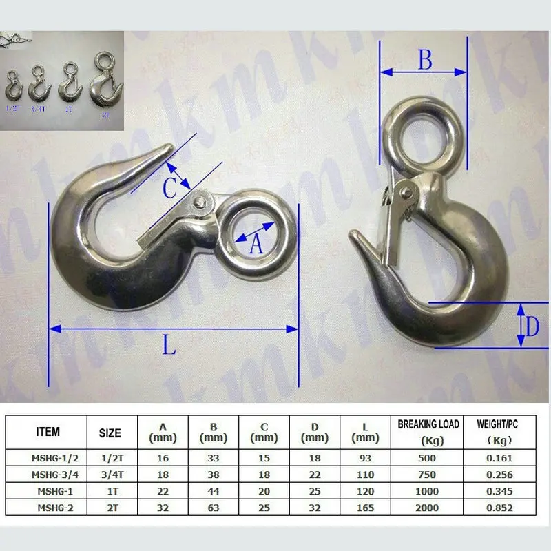 10 шт Тип 1/2 T Нержавеющая сталь 304 подъемный крюк для крепления груза с Защёлки