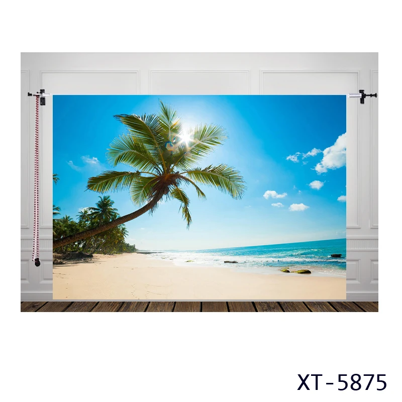 HUAYI sea beach Photography backdrop Tropical seaside coconut palm tree Island background for Summer Holiday Party photocall