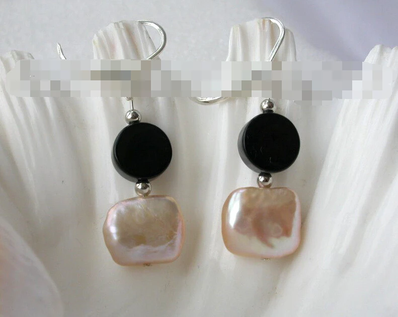 

hot sell new - 1260 baroque pink freshwater pearl black agate dangle earrings