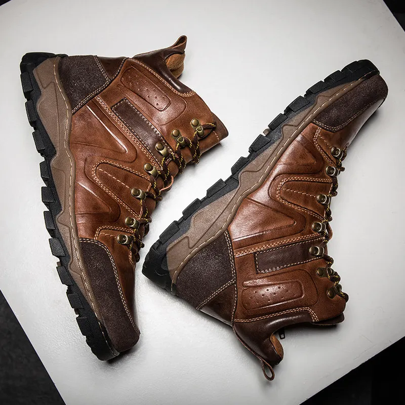 Hot Sale!! Stylish Man Trendy Ankle Boots Genuine Leather Round Toe Lace Up Riding Motorcycle Boots Fashion Mens Shoes