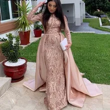 Саудовская Аравия Длинные рукава Русалка мусульманское вечернее платье со съемным шлейфом розовое золото блесток Кафтан Дубай выпускного вечера Формальные платья