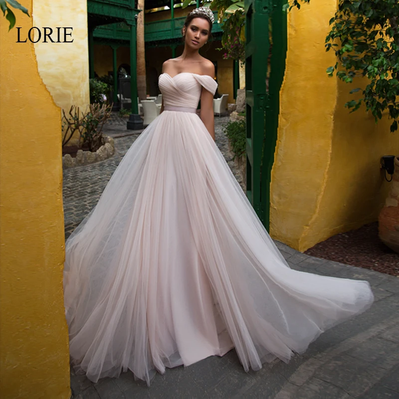 

LORIE A-Line Wedding Dress Cheap Tulle Lace Up Bride Dresses Sweep Train Backless Off the Shoulder vestido de noiva Custom Size