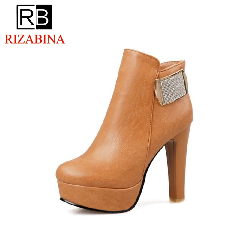 

RizaBina women round toe high heel half short boot mid calf winter warm platform boot sexy fashion footwear P21989 size 32-43