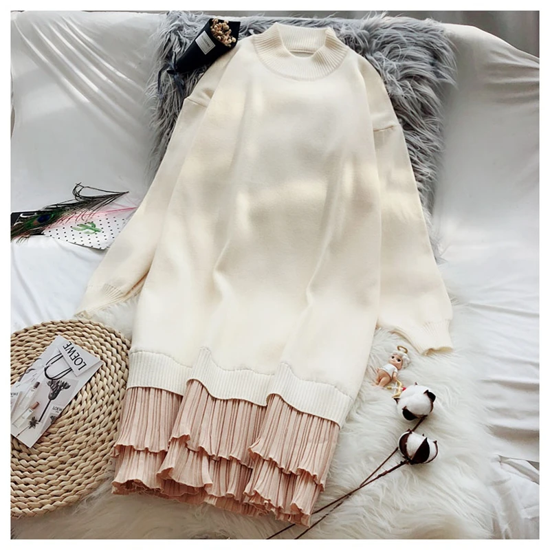 

2019 new autumn medium length round neck pullover sweater splice solid long sleeve thick knit bottoming dress women clothing C12