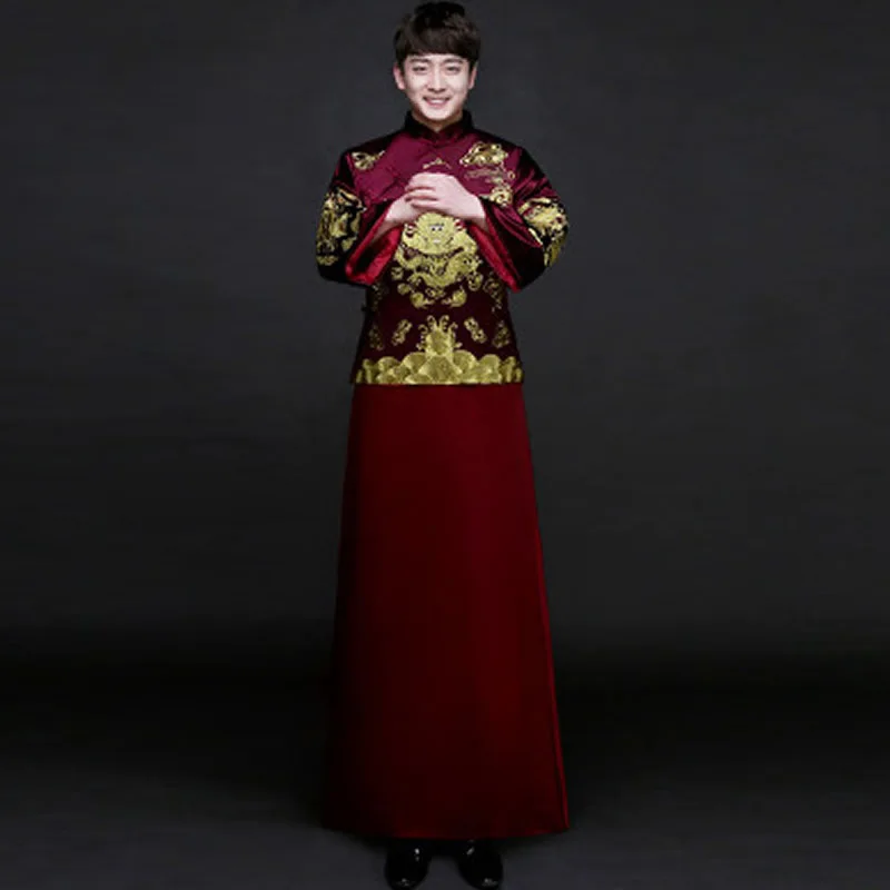 Вышивка для жениха Cheongsam длинный халат Восточный китайский традиционный Ципао для мужчин дракон феникс одежда золотая Парча Платье красный атлас