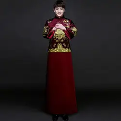 Жених вышивка Cheongsam длинный халат Восточный китайский традиционный Qipao Для мужчин дракон феникс Костюмы золотой парчи платье красная