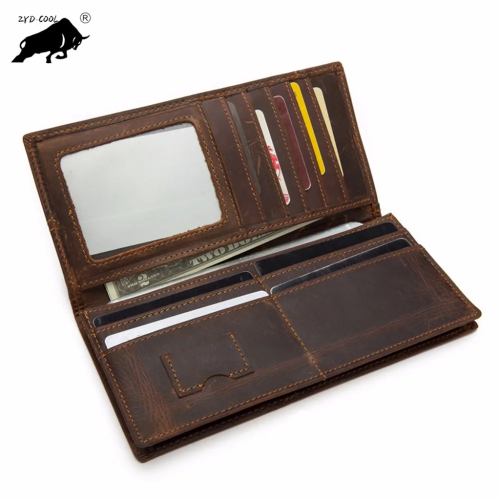 

ZYD-COOL Luxury Brand Top Crazy Horse Cow Leather Men Long Wallets Fashion Splice Purse Designer Male Carteira Wallets Clutch
