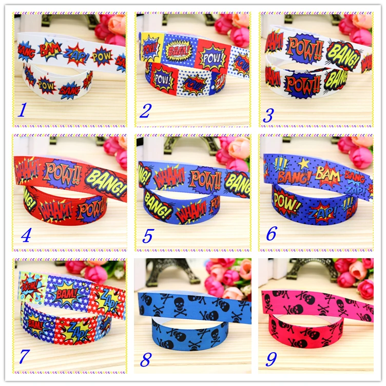 7/8'' Free Shipping Bang Pow Bam Skull Printed Grosgrain Ribbon Hairbow