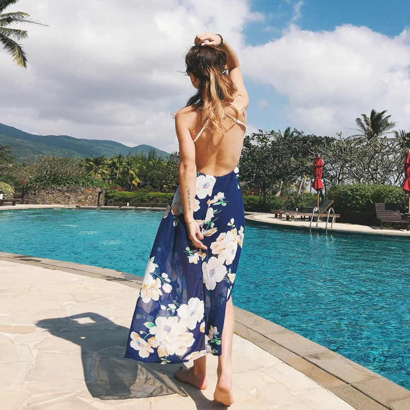 

chic chiffon Boho print beach maxi dress Women 2018 Summer tie up female vestidos sexy v neck high waist long dress backless