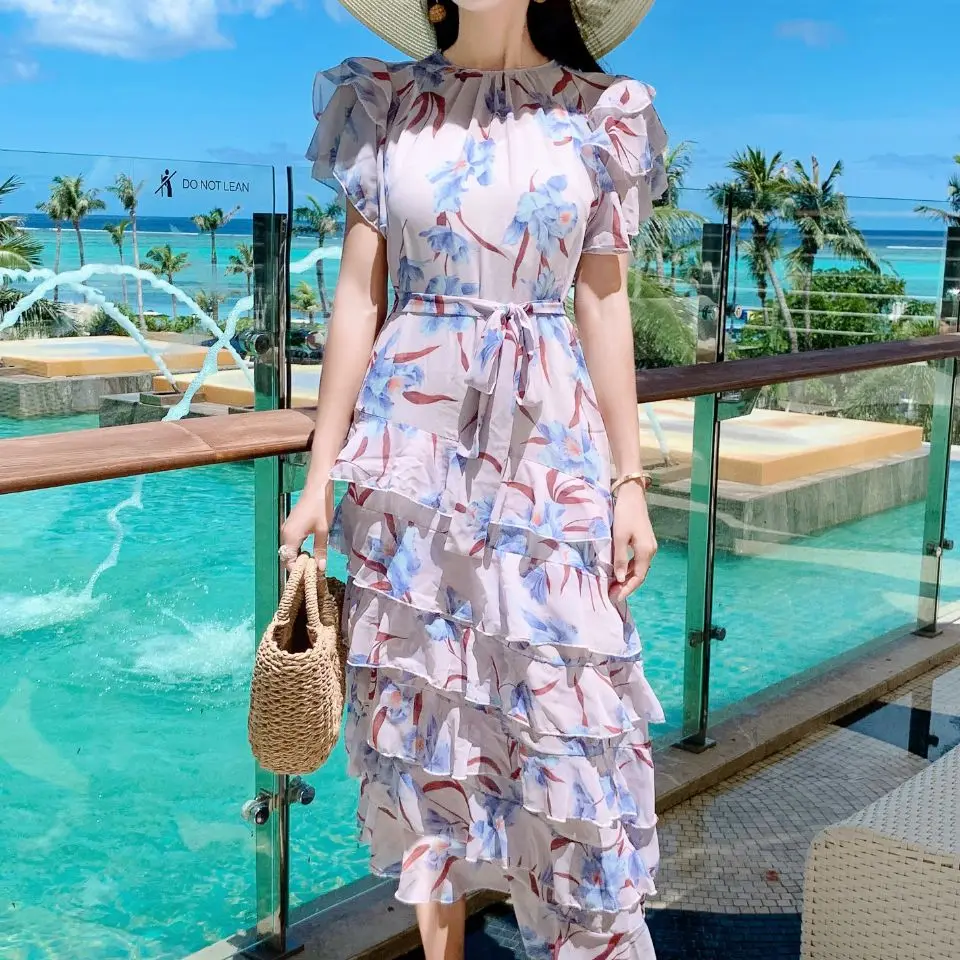 

elegant ladies summer women butterfly sleeve cascading ruffle dress turn down collar short sleeve print bohe dress DR135