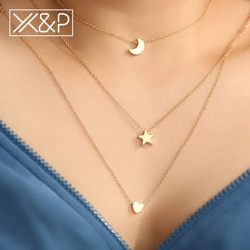 X& P Модные Цепочки с сердечком из розового золота и серебра, подарки для женщин, классическое ожерелье с цепочкой в виде звезды и Луны, ювелирные изделия