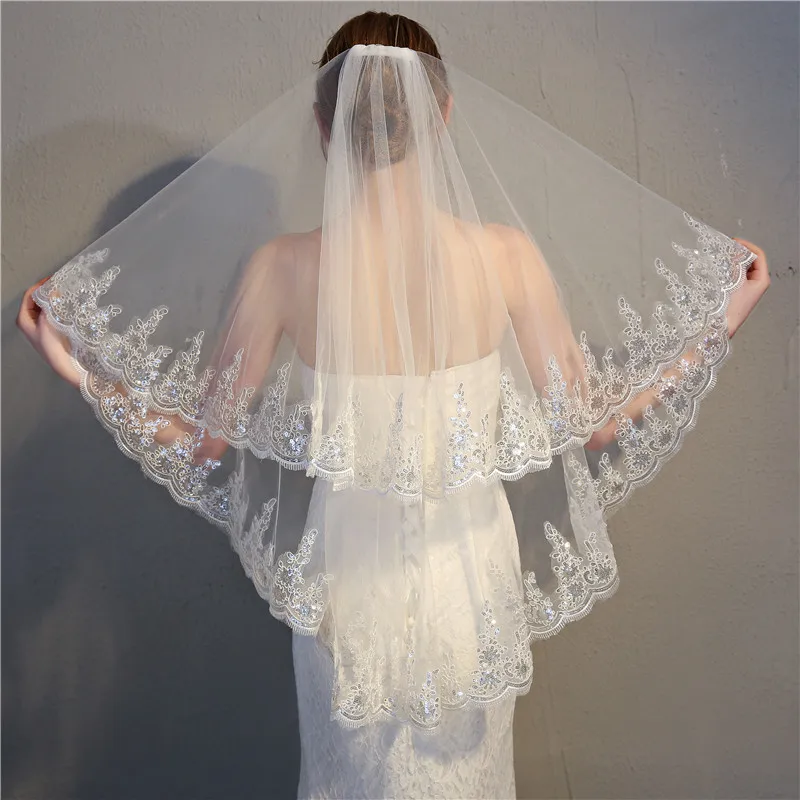 Модные кружевные свадебные аксессуары, короткая свадебная вуаль, два слоя, сверкающая Фата невесты с расческой