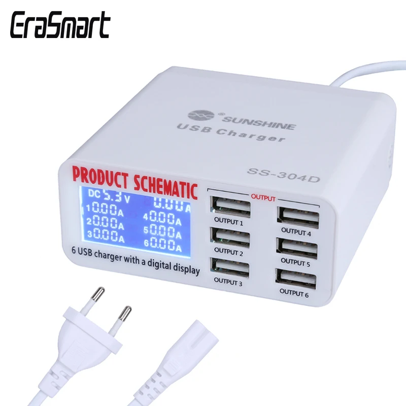 USB multi-port smart fast charging 6-port USB charger smart screen display smart phone tablet charger
