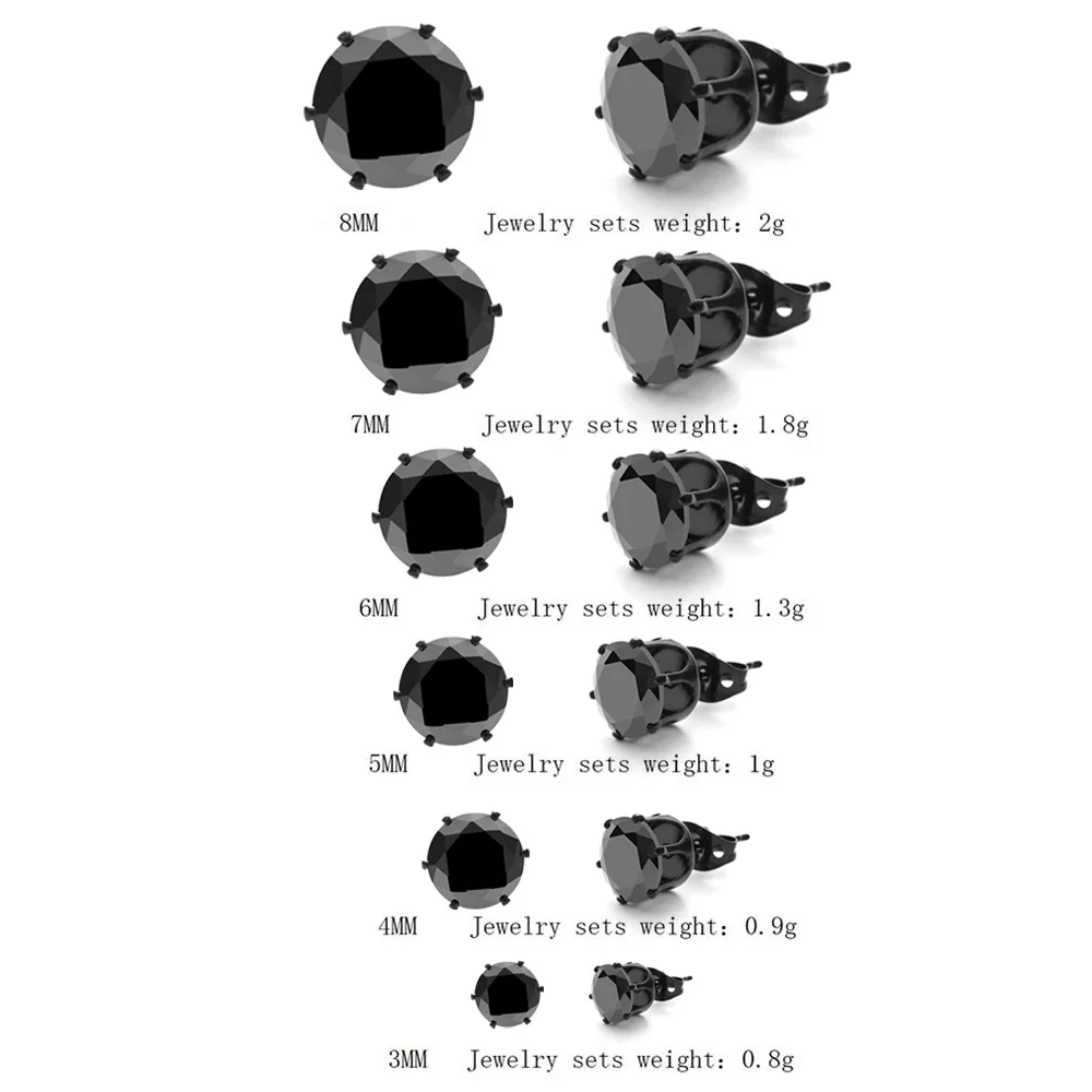 6 пар, классические серьги из черного и белого кубического циркония 3-8 мм, набор из 6 кристаллов, серьги-гвоздики, модные ювелирные изделия для мужчин и женщин, Прямая поставка