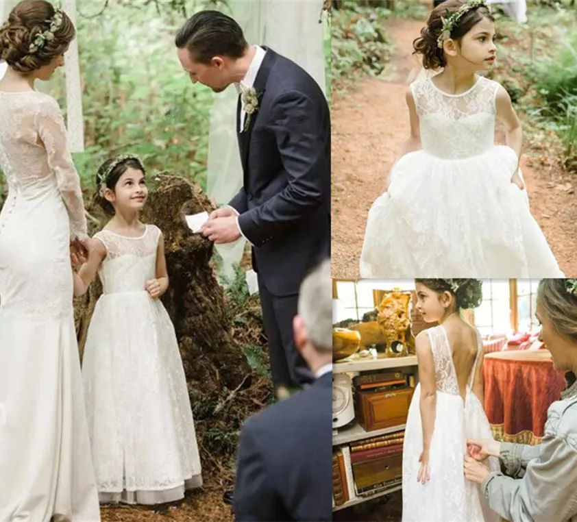

2017 vintage lace flower girls dresses for weddings floor length jewel neck backless first communion dresses