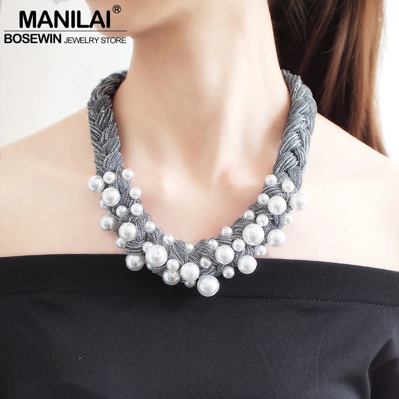 

MANILAI Big Imitation Pearl Chokers Necklaces For Women Boho Handmade Thick Rope Statement Necklaces Jewelry Gift