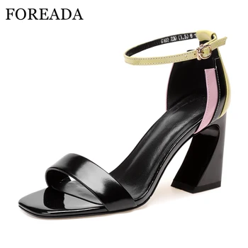 

FOREADA Genuine Leather Sandals Women Sexy High Heels 2018 Summer Shoes Ankle Strap Strange High Heels Colorful Sandals Black