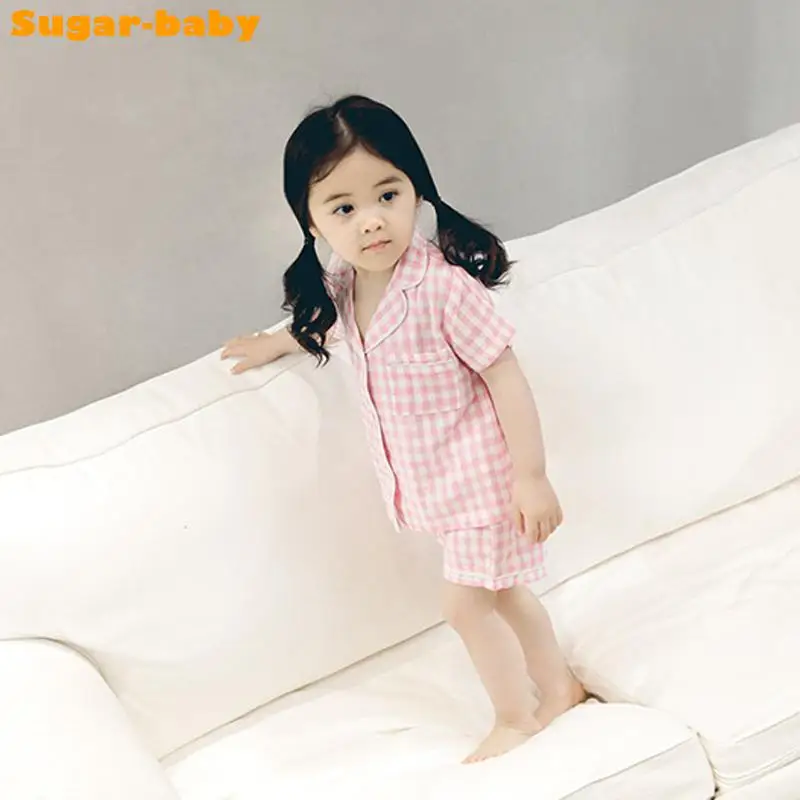 Children's Cute Sleep Sutis All Cotton Plaid Button Pajamas Girl Clothes Set Baby Summer Suit | Детская одежда и обувь