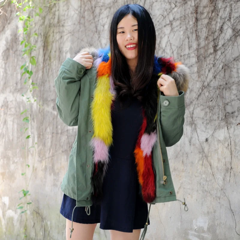 

CX-G-P-05G Winter Women Jacket Army Green Parka Coats Real Large Raccoon Fur Collar Faux Fur Lining Hooded Outwear