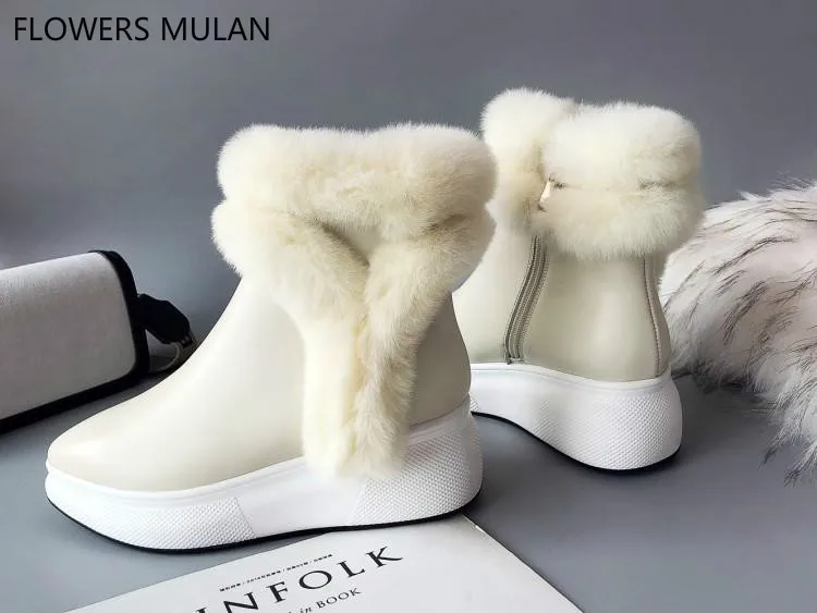 

Luxury White Black Rabbit Fur Buckle Snow Boots For Girl Pointed Toe Platform Heel Winter Shoes Woman Side Zippers Zapatos Lady